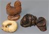 Four Japanese netsuke: one bronze, a cockerel, a dragon and figure on a gourd                                                          