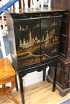 A Victorian japanned and mother-of-pearl inlaid papier mache collector's cabinet on stand, W.72cm                                      