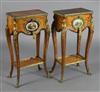 A pair of Louis XVI style ormolu mounted satinwood gueridons, W.1ft 2in. D. 9in. H.2ft 3.5in.                                          