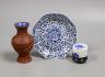 A Chinese Kangxi style octagonal dish, a Chinese cinnabar lacquer vase and a blue and white box, Dish 12.5 cms.                                                                                                             