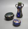 A Chinese cloisonné enamel dragon box and cover and two Japanese cloisonné enamel vessels, tallest 18cm                                                                                                                     