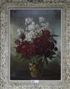 ER 1887, oil on canvas, red roses and stocks in a vase, initialled and dated, 67 x 49cm                                                