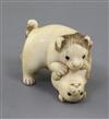 A Japanese ivory netsuke of two puppies, 19th century, l. 3.6cm                                                                        