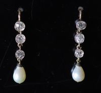 A pair of early 20th century gold and silver pear shaped cultured pearl and diamond set drop earrings,                                 