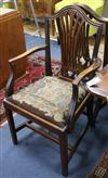 A set of six Hepplewhite style mahogany dining chairs, with drop in tapestry seats (four single, two arms)                             