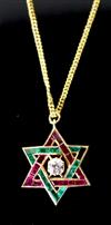 A continental gold, emerald, ruby and diamond set Star of David pendant, on a gold fine link chain,                                    