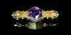 An Edwardian 18ct gold, hexagonal cut amethyst and diamond set three stone bar brooch                                                                                                                                       