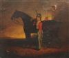 Mid 19th century English School Portrait of a cavalry officer standing beside his horse 24 x 28in.                                     