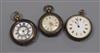 Three assorted silver and white metal fob watches.                                                                                     