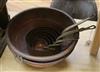 Two circular copper pans and brass saucepans                                                                                           