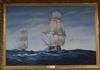 Peter J. Scott, oil on canvas, Sailing ships at sea, signed, 60 x 90cm.                                                                