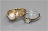 A 14ct white gold and solitaire diamond ring and a 14ct gold, cultured pearl and diamond dress ring.                                   