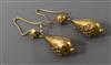 A pair of Victorian yellow metal and cannetile work pear shaped drop earrings, 29mm.                                                   