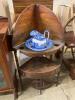 A George III corner washstand, width 62cm, depth 41cm, height 121cm together with a Spode blue and white jug and basin                                                                                                      