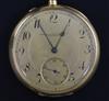 An engine turned 14ct gold International Watch Co. open face keyless pocket watch,                                                     