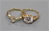 A 14ct gold and solitaire marquise diamond ring and a 14ct gold and cubic zirconia ring.                                               