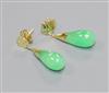 A pair of yellow metal and jade drop earrings                                                                                          