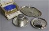 A cased George V silver and enamel brush, a pair of silver dishes, A Victorian silver pin dish, a silver canister etc                  