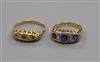 An early 20th century 18ct gold, ruby and diamond five stone ring and one other similar 18ct gold and gem set ring.                    