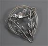 A Danish Georg Jensen sterling 'songbird and foliage' circular brooch, no.258, 39mm.                                                   