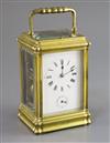 A late 19th century French ormolu quarter repeating carriage alarum clock, 6in.                                                        