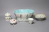 A Chinese small square porcelain bowl, Jiaqing mark, and four items of late 19th/early 20th century Chinese porcelain                                                                                                       