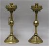 A pair of brass enamelled Victorian gothic candlesticks height 30cm                                                                    