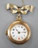 A lady's 9ct 'Dreadnought' fob watch, on a 9ct gold suspension brooch, gross weight 18.5 grams.                                                                                                                             