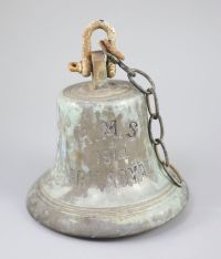 A bronze ship's bell from the 1914 HMS Ark Royal, retaining its original clanger, height 8.25in. diameter 8.25in.                      