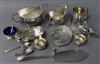 Mixed silver, to include a 19th silver caddy spoon, a silver cream and sugar, four silver condiments, a silver christening mug etc.    