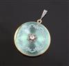 An Edwardian 18ct gold, guilloche enamel and diamond set circular pendant locket, pendant 26mm.                                        