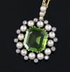 A late Victorian gold and silver, peridot, split pearl and diamond set pendant, pendant 35mm.                                          
