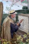 May Furniss (Mrs W. Shackleton) Exh.1898-1940 William Shackleton in his garden carving a sculpture 18.5 x 13in.                        