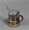 A Royal Doulton mustard pot with silver top complete with a silver serving spoon H.8cm                                                 