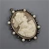 A white metal, 14ct yellow metal and cultured pearl mounted oval cameo brooch, carved with the bust of a lady to sinister, 59mm.       