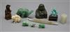 A Chinese jade ornament, three jadeite miniature elephants, other stone carvings and an ivory netsuke of a hare                        