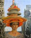 § Jean-Pierre Alaux (French b.1925) Woman wearing multiple hats 36 x 28in.                                                             