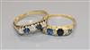 Two sapphire and diamond five stone rings, one stamped 18ct.                                                                           