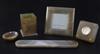 A Seaman Schepps five piece agate and gem set desk set, timepiece 7.5cm.                                                               