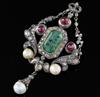 A Georgian gold and silver, emerald, cabochon ruby, rose cut diamond and pearl set drop pendant brooch, 8cm.                           