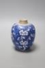 A Chinese Kangxi blue and white prunus jar, lacking cover, height 12cm                                                                                                                                                      