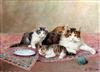 Joseph Le Roy (1812-1860) Cat and kittens on a rug 9.5 x 13in. unframed                                                                