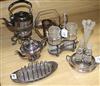 Assorted plated items including cruet epergne, tea kettle on stand etc.                                                                