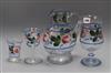 A hand painted decoration glass set consisting of a jug and three types of glass, French in origin tallest 23cm                        