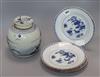 Four Chinese blue and white dishes and a ginger jar lidded jar 18cm high                                                               