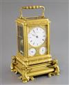 Grohe of London. A Victorian ormolu hour repeating calendar carriage clock, overall height 7.25in.                                     