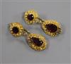 A pair of antique style cannetile work yellow metal and gem set drop earrings, 33mm.                                                   