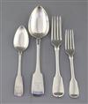 A canteen of silver fiddle pattern flatware, George III and later, London and Dublin (crested) and a canteen of bone-handled knives    