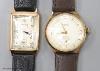 A gentleman's 1930's 9ct gold Rotary rectangular manual wind wrist watch (lacking winding crown) on later leather strap and a later 9ct gold Rodania manual wind wrist watch                                                