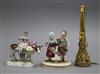 A gilt metal posy holder and a pair of German figures                                                                                  